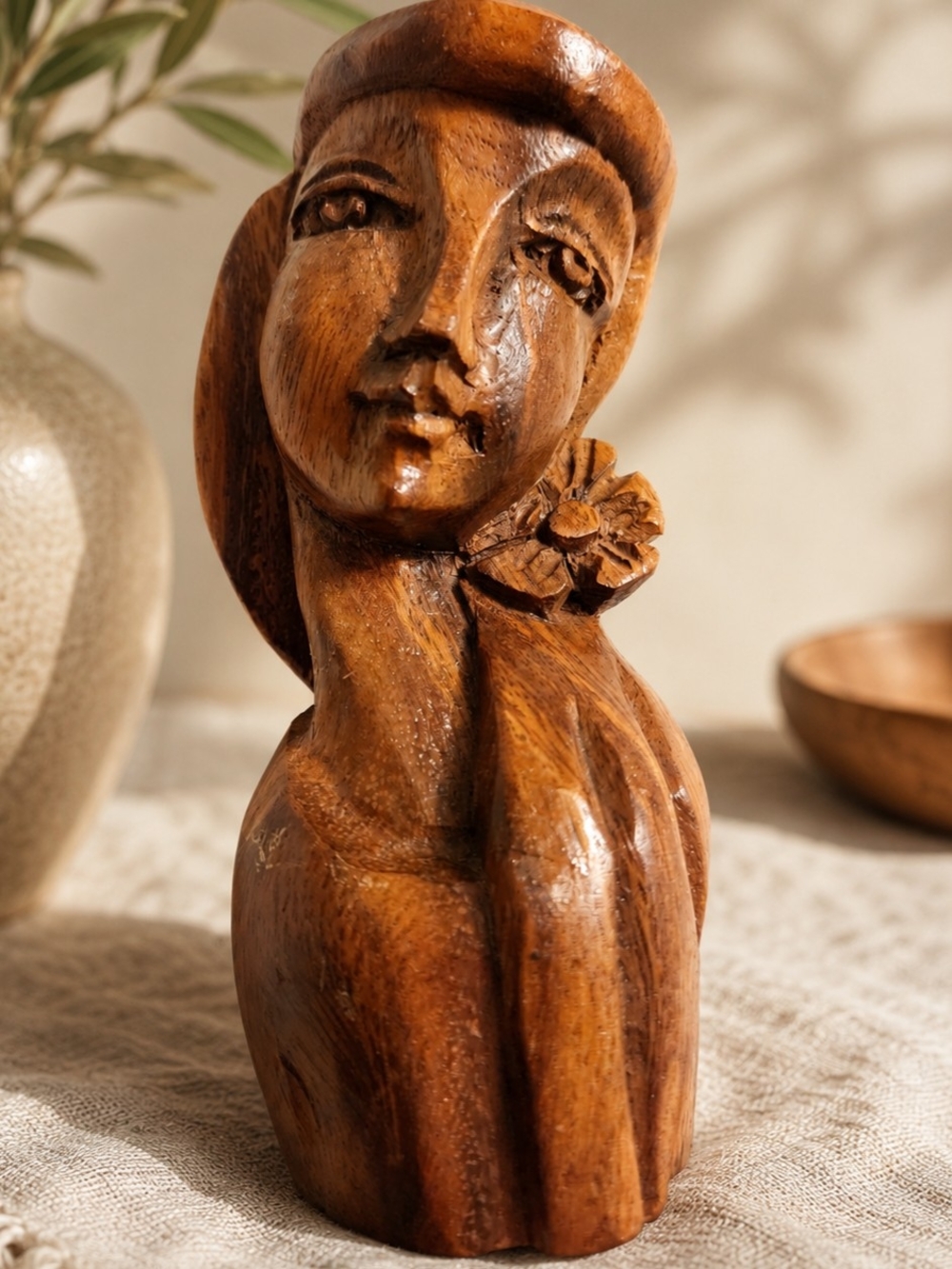 Hand-Carved Wooden Female Bust Sculpture - Brown